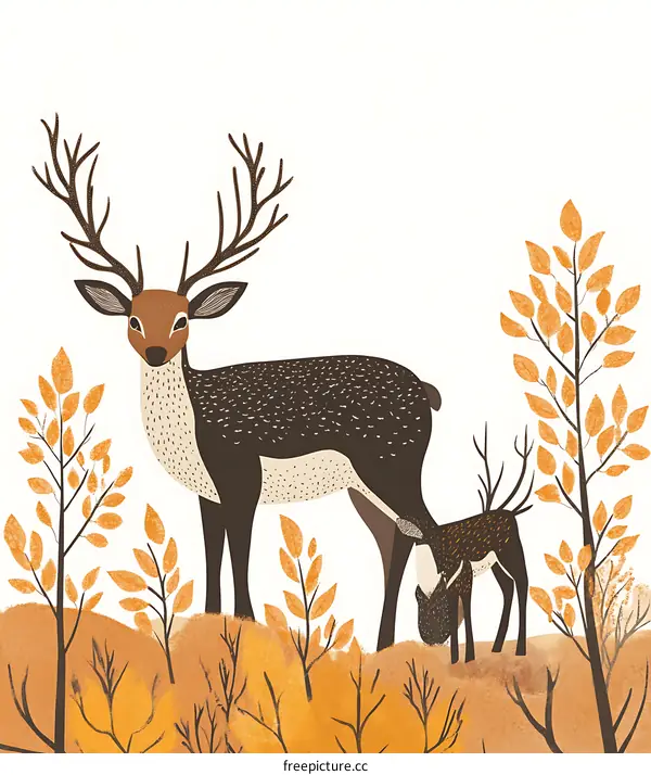 Illustration of a Mother Deer and Her Fawn in an Autumnal Forest