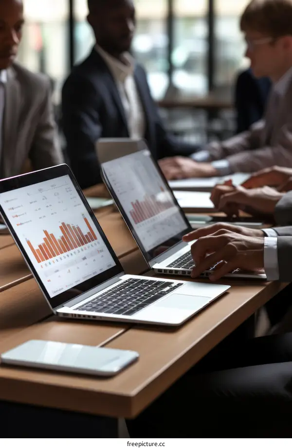 Business professionals in a meeting discussing financial data and graphs on laptop computers