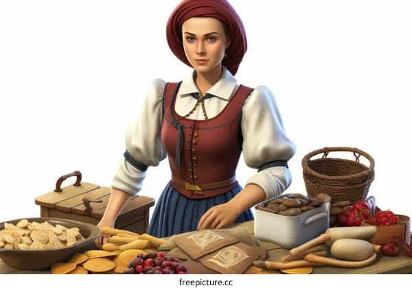 A young woman in a red and blue dress is standing behind a counter selling various goods.
