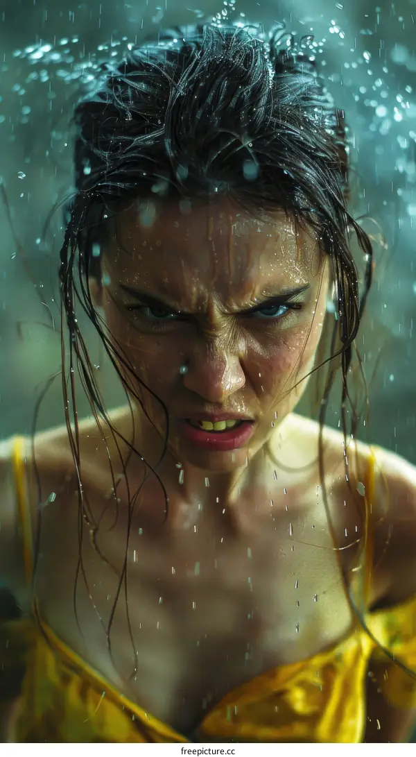 Angry Woman in the Rain Close Up Portrait