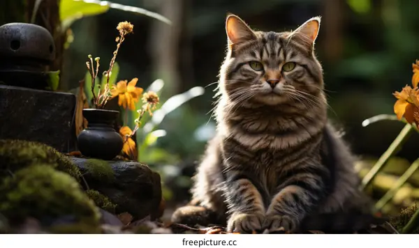 A ginger cat sits calmly in a serene garden with a stone lantern and some flowers.