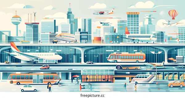Cityscape with Airport and Transportation