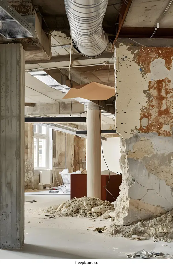 Under Construction Interior Design of an Old Building with  Wires and Pipes