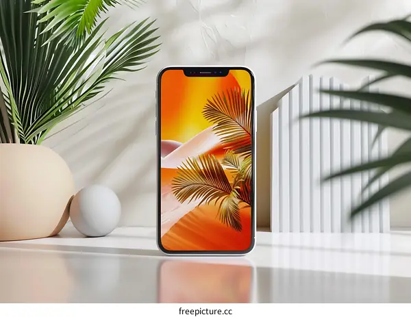 Modern Minimalist Phone Mockup with Palm Leaves and White Background