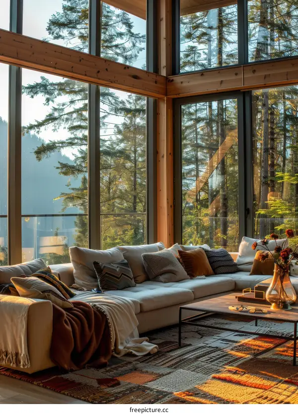 Modern living room interior with large windows and forest view