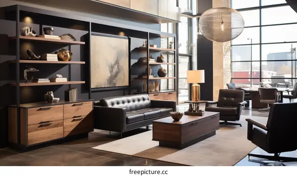 Elegant Living Room with Leather Sofa and Modern Decor