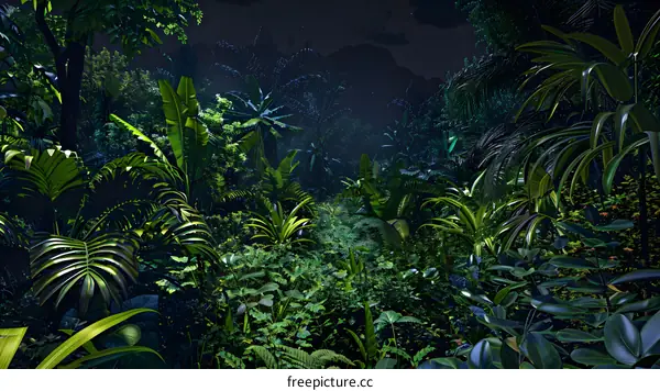 Lush Tropical Rainforest At Night