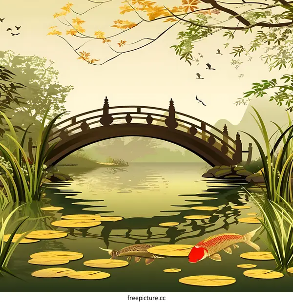 Japanese Garden Bridge And Koi Fish Illustration
