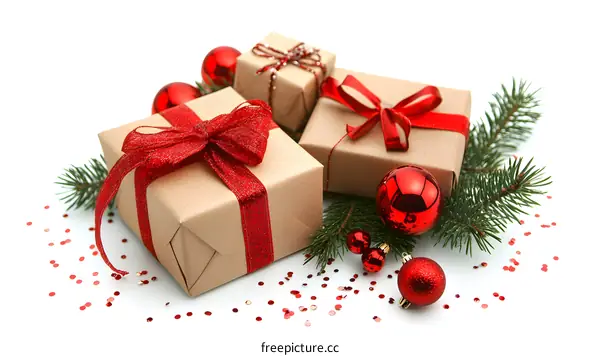 Christmas Gift Boxes With Red Ribbon And Ornaments On White Background