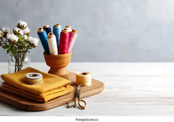 Colorful Sewing Threads and Fabric on Wooden Tabletop