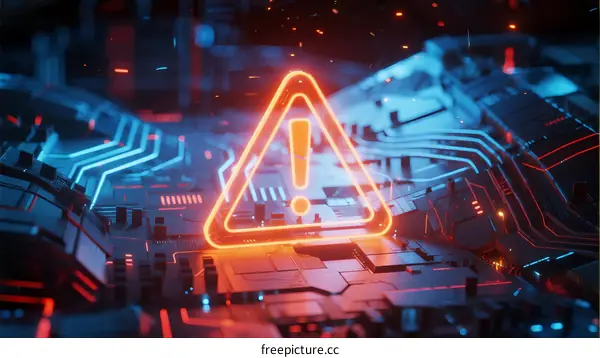Neon Warning Symbol in Futuristic Circuit Background