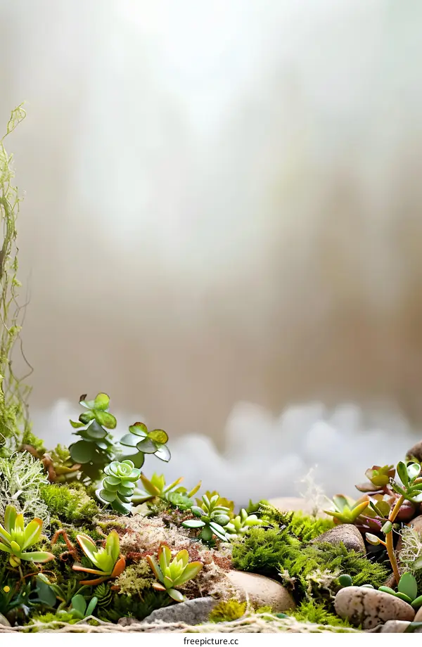 Green Moss and Succulents on Rocks with a Blurred Background