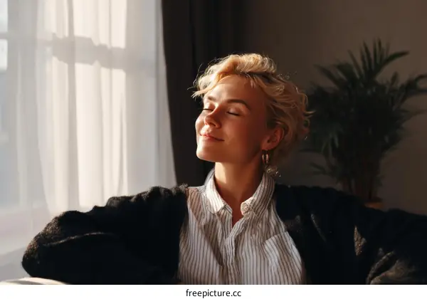 Young woman with curly blonde hair sitting by window, smiling