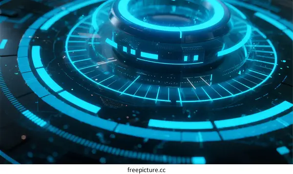 Futuristic Circular Interface with Glowing Blue Lines and Digital Elements