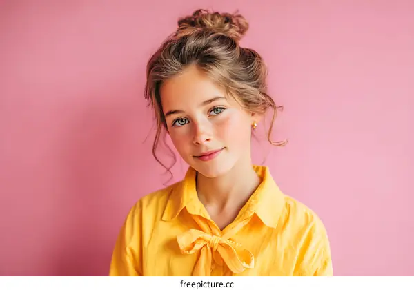 Portrait of a Young Girl in a Yellow Shirt against a Pink Background