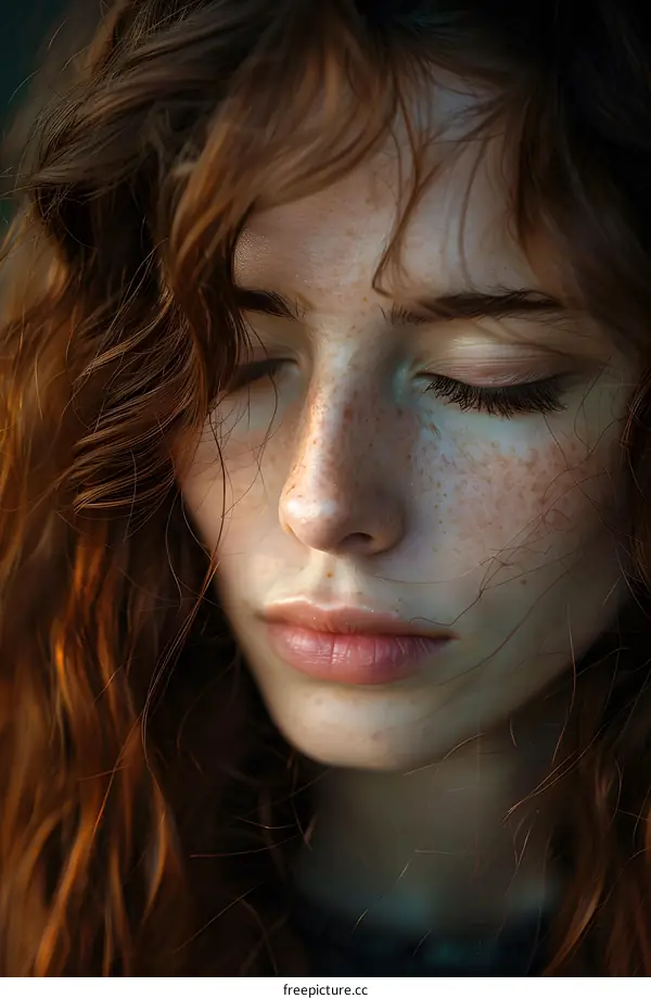 Close Up Portrait of Woman with Red Hair and Freckles