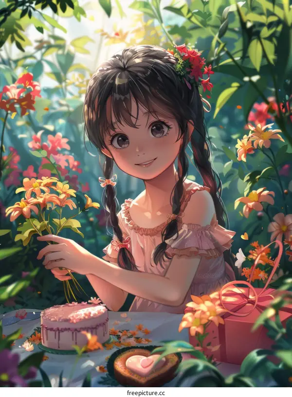 An illustration of a girl in a garden picking flowers