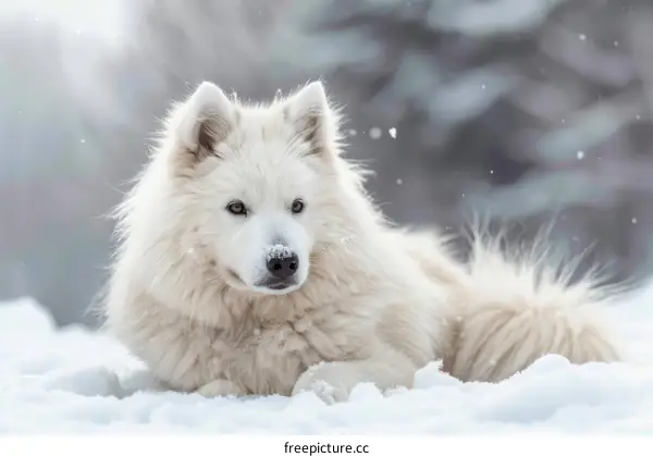 A white fluffy dog is lying in the snow