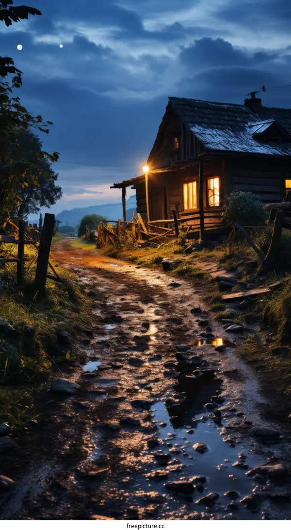 Wooden house in the mountains at night with beautiful sky