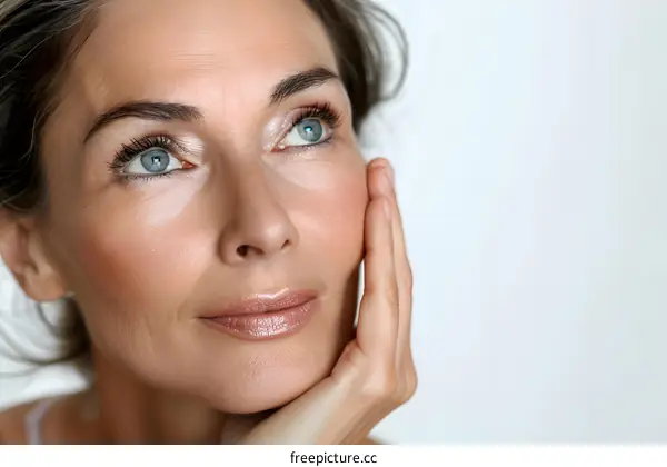 Beautiful Caucasian Woman With Blue Eyes Looking Up