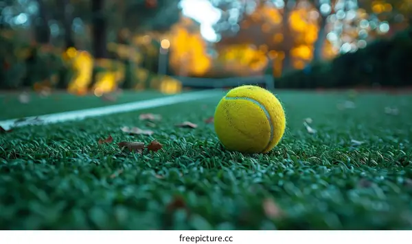 A close-up of a tennis ball on a tennis court with a blurred background
