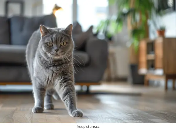 A gray cat is walking on the wooden floor in the living room