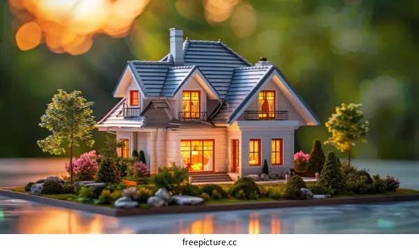 white miniature house with grey roof and green lawn