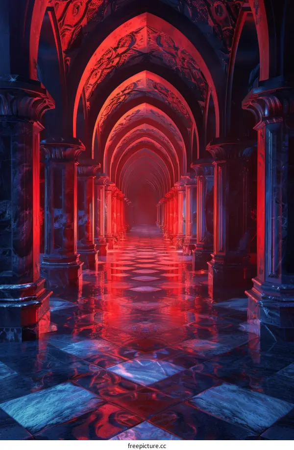 Mystical Red and Blue Corridor with Gothic Pillars and Arched Ceiling
