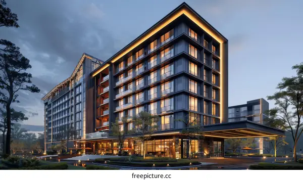 A modern office building with a large glass facade and a green roof