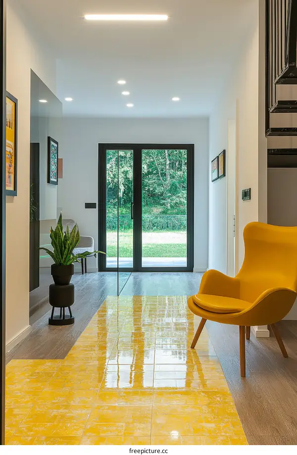 Modern Yellow Tile Flooring in a Contemporary Entranceway
