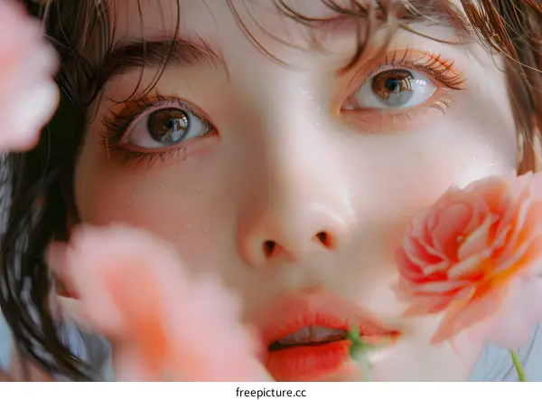 Close-up portrait of a beautiful Asian woman with wet hair and a rose in her mouth