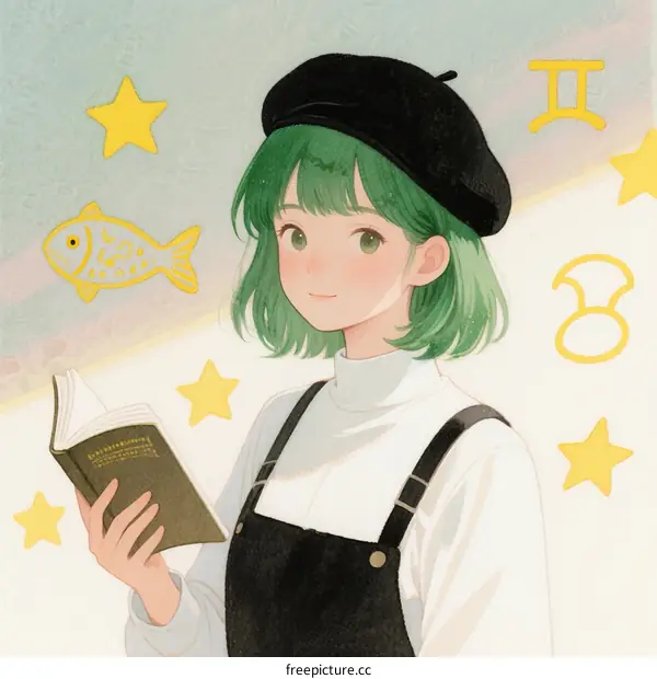 Green Haired Girl Reading Book with Pisces Zodiac Sign