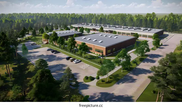 Modern Architecture Building Design with Green Trees and Parking Lot