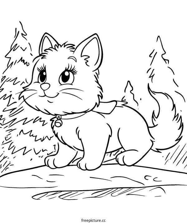 Cute Cartoon Cat Coloring Page With Trees