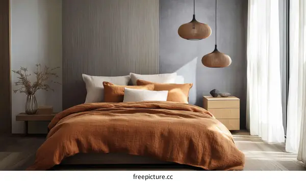 Modern Minimalist Bedroom with Warm Terracotta Bedding