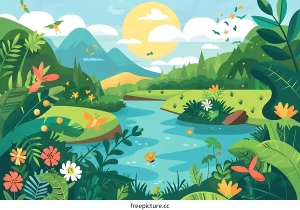 Summer Landscape Illustration with Mountains, River, and Flowers