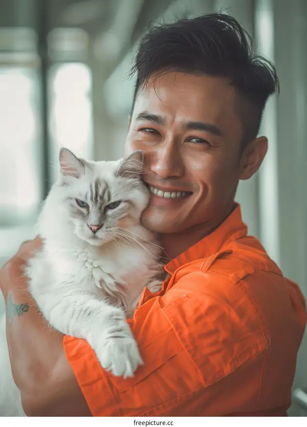 A firefighter is hugging a cat