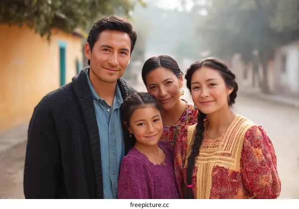 Happy family standing together in a rural street