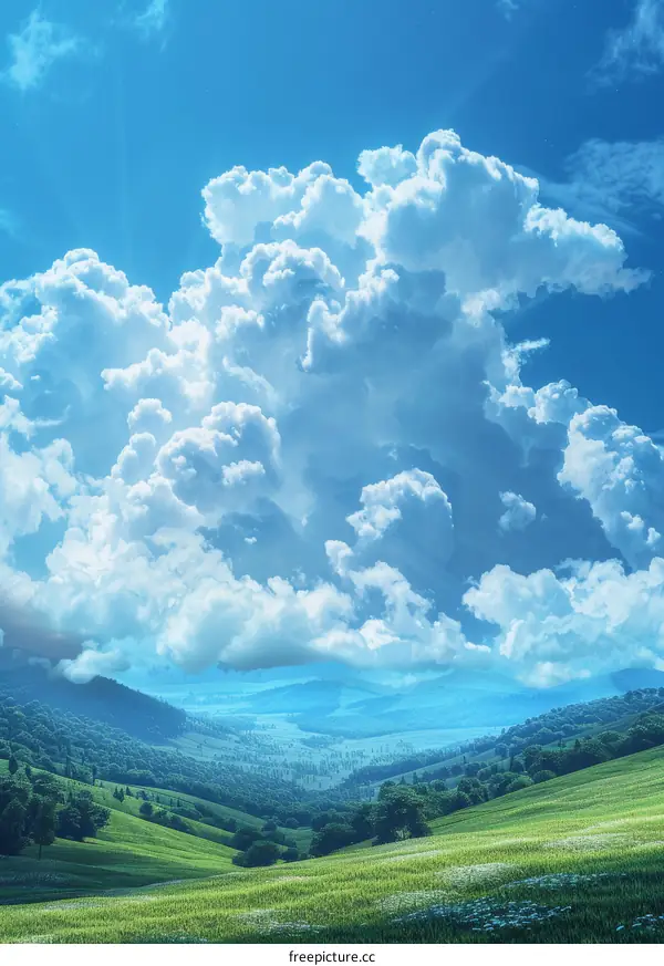 Green rolling hills under a big white cloud