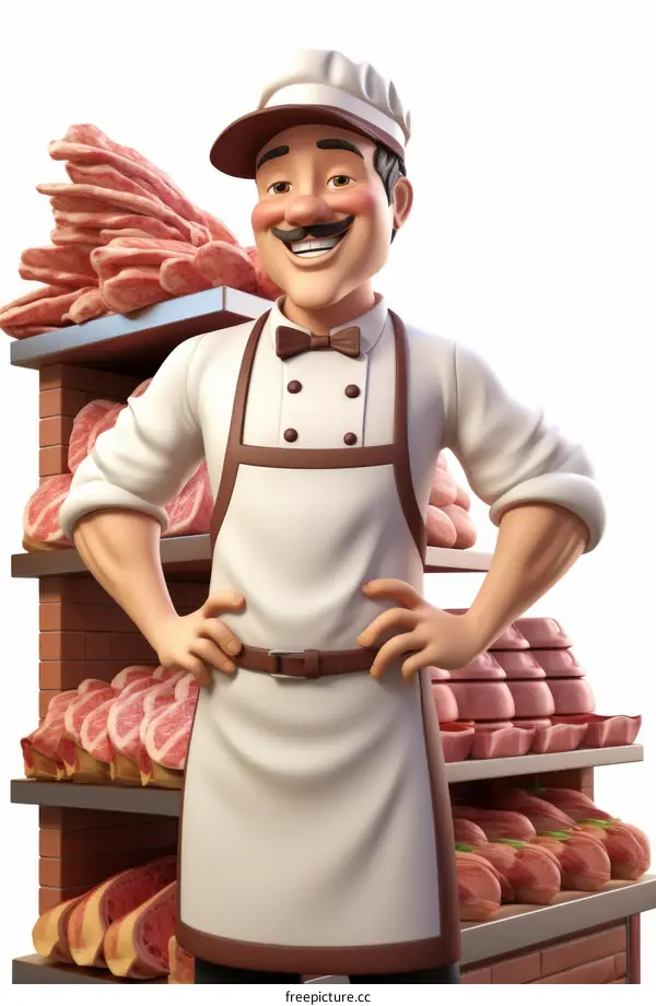 Cheerful butcher standing with hands on hips in front of meat display