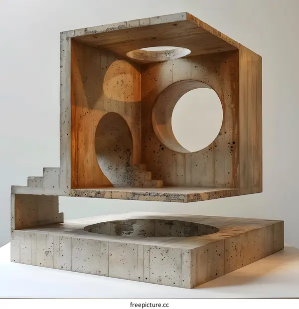 Concrete hollow cube sculpture with stairs