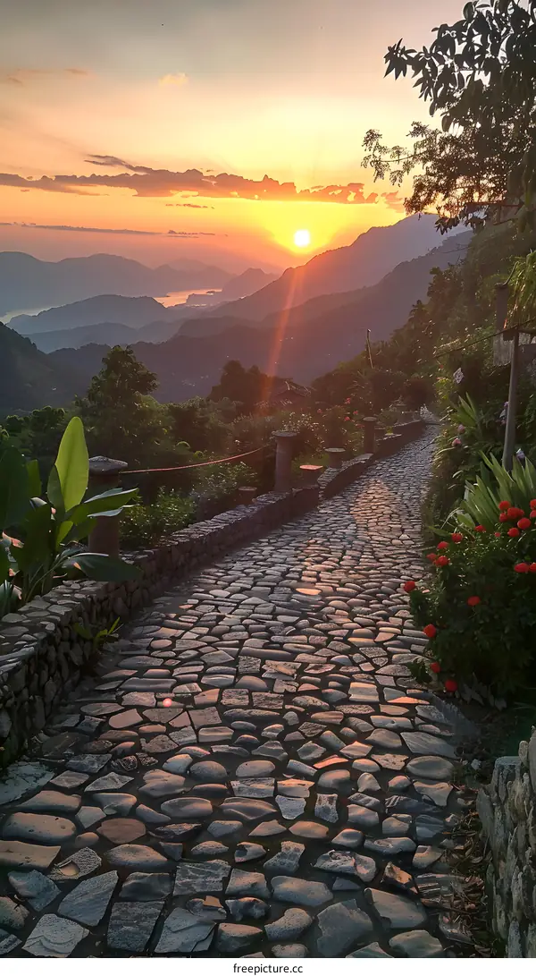cobblestone path through lush tropical foliage