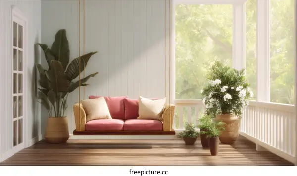 Rustic Porch Swing with Plants and Sunlight