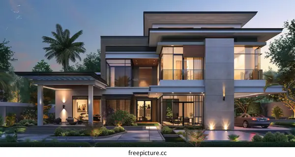 Luxury Modern Villa with Palm Trees and Pool