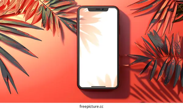 Red Phone With White Screen and Palm Leaves