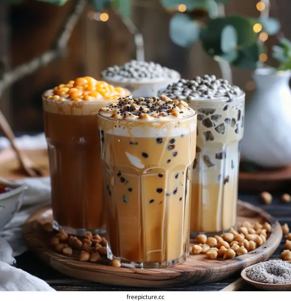 Iced coffee with various toppings