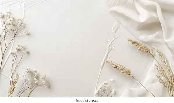 Minimalist White Background With Dried Flowers and Fabric
