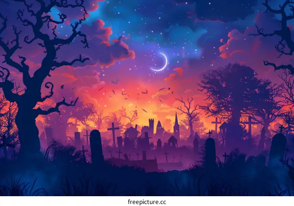 Spooky Graveyard Illustration with Church & Bats