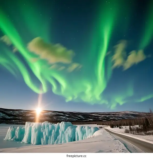 Aurora Borealis Over Ice Wall and Snowy Road