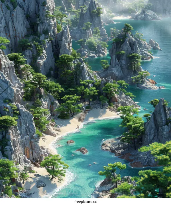 Rocky Beach with Turquoise Sea and Green Trees